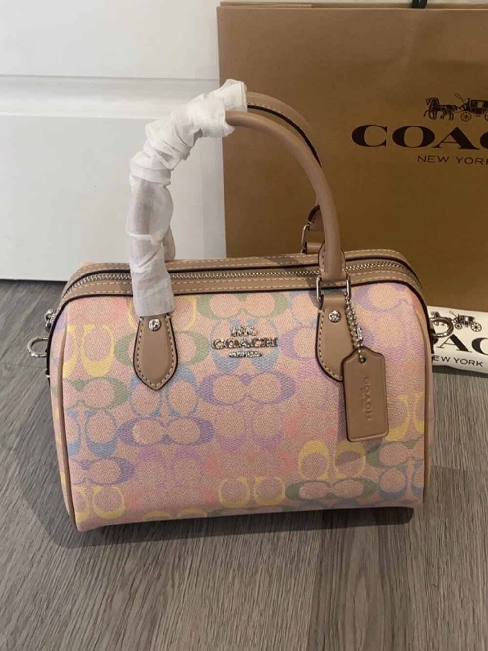 Coach Rowan Satchel Bag Crossbody In Rainbow Sig Canvas/Sv/Sand Multi CDA90 NWT